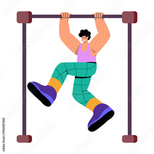 A flat style illustration showing a character doing muscle up exercise