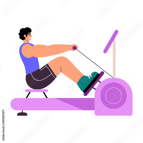 A flat style illustration showing a character doing rowing machine exercise