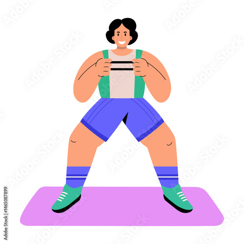A flat style illustration showing a character doing band squat exercise