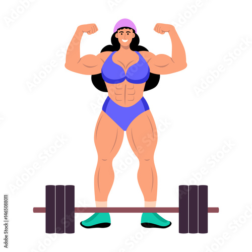 A bodybuilder girl showing her biceps, flat style illustration