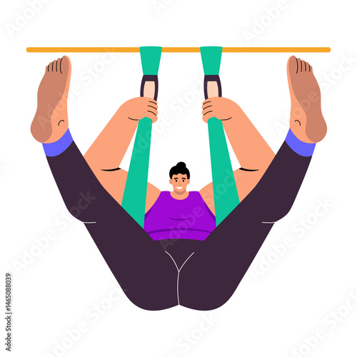 A flat style illustration showing a character doing aerial yoga