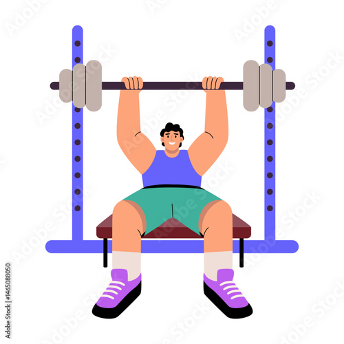 A flat style illustration showing a character doing bench press exercise
