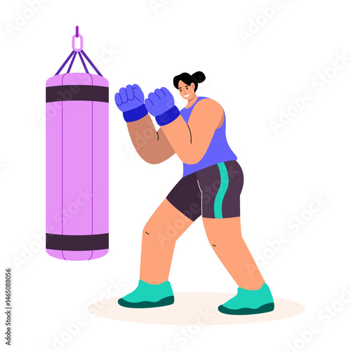 A character doing punching bag exercise, flat style illustration