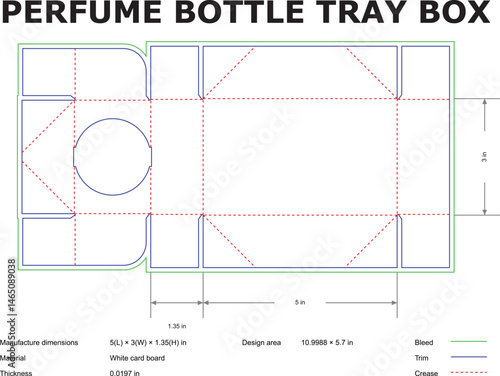 Detailed vector blueprint design of a perfume bottle tray box with measurements and design specifications for packaging production