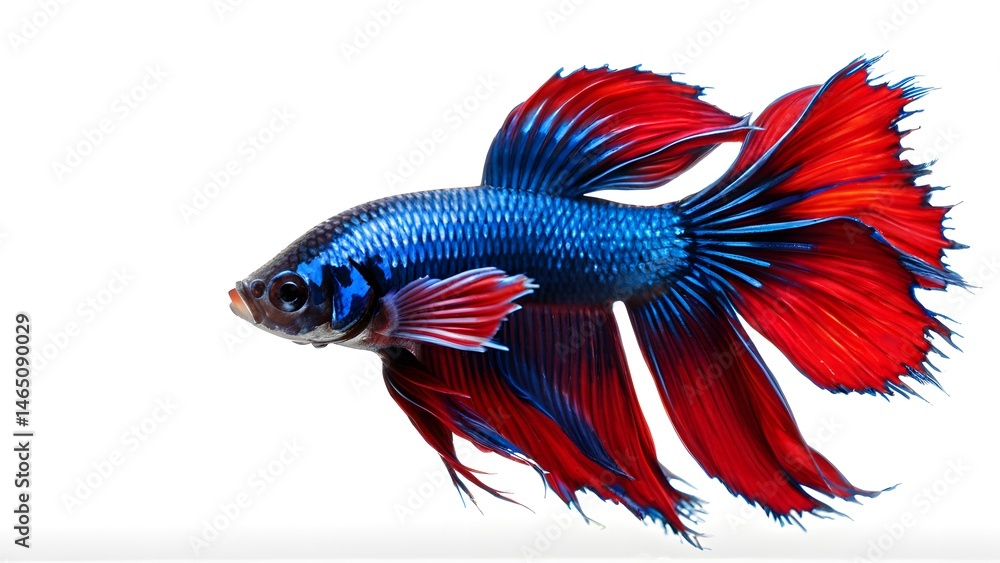 Fototapeta premium Vibrant Betta Fish with Striking Red and Blue Fins on White Background