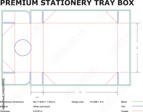 Detailed vector illustration of a premium stationery tray box cut sheet layout with dimensions and specifications