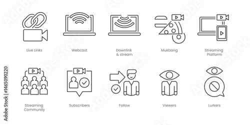 Live Streaming  Outline Icons Set – Live Tv, Webcast, Downlink & Stream, Follow, Mukbang, Streaming Community, Streaming Platform, Subscribers, Viewers, Ad Revenue, Editable Stroke.