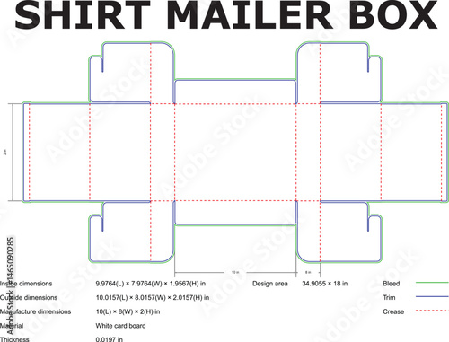 Detailed blueprint layout design for shirt mailer box packaging featuring dimensions and technical specifications information.