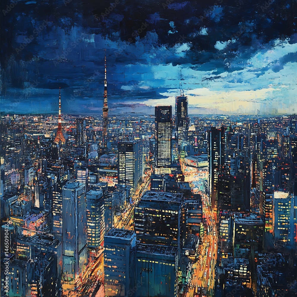 Fototapeta premium Sunset skyline of Tokyo city with glowing lights high resolution picture