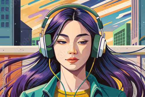 Young Asian woman with long dark hair enjoying music with headphones, relaxing and smiling in a casual setting. Perfect for lifestyle, leisure, technology, and youth culture concepts