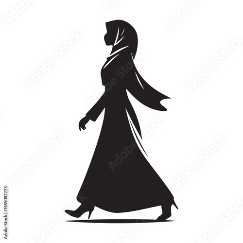Hand-drawn style vector of a modest hijabi woman in full black silhouette on white background