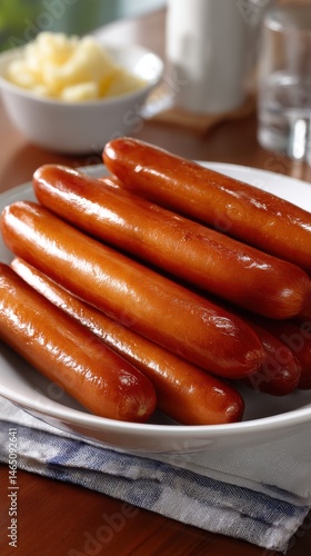 Heap of Cooked Hotdogs on a Plate with Potatoes and Drinkware in the Background