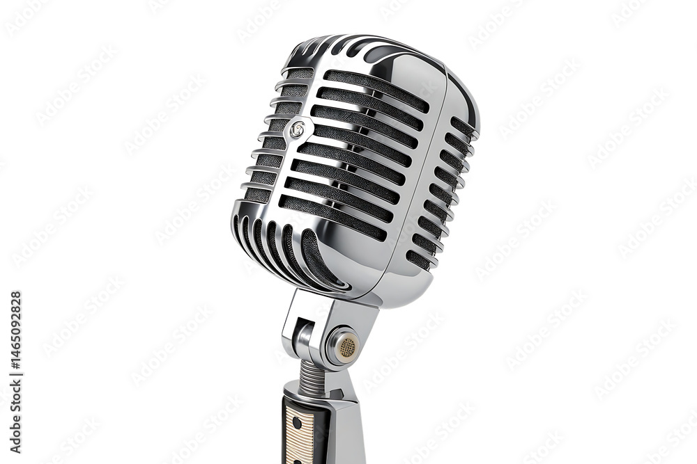 Fototapeta premium A shiny silver vintage microphone standing upright against a black background in a studio setting