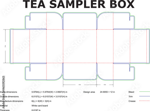Detailed packaging template for a tea sampler box showing dimensions design bleed lines and crease guidelines for print