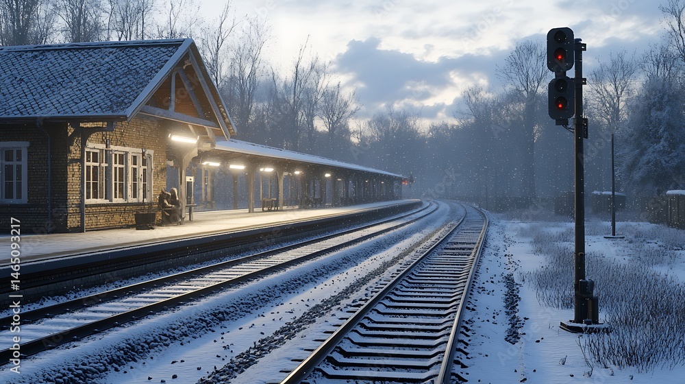 Fototapeta premium Train station winter scene with tracks and signals