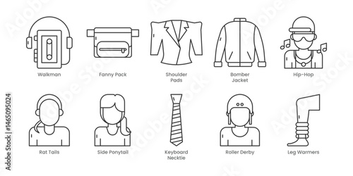 Nostalgia  Outline Icons Set – Video Cassette, Walkman, Bomber Jacket, Hip-Hop, Rat Tails, Shoulder Pads, Side Ponytail, Fingerless Gloves, Keyboard Necktie, Leg Warmers, Editable Stroke.