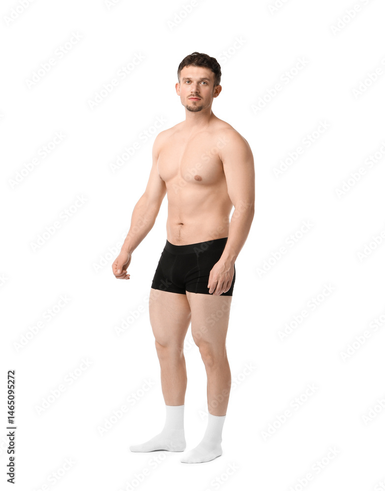 Fototapeta premium Young man in stylish black underwear on white background