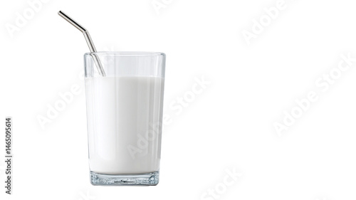 Refreshing glass of milk with a straw isolated on white background