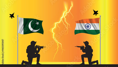 India vs Pakistan Border Tension Image – Soldiers, Flags, Conflict, Sunset, War Illustration , Pakistan vs India war