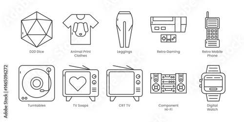Nostalgia  Outline Icons Set – Typewriter, Animal Print Clothes, Leggings, Retro Gaming, Retro Mobile Phone, Turntables, Component Hi-Fi, Crt Tv, Digital Watch, Movie Projector, Editable Stroke.