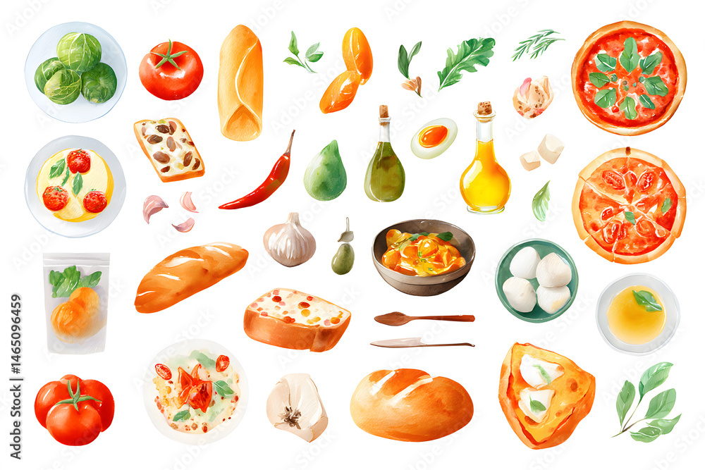 Watercolor collection of Italian food isolated on white background Watercolor collection of Italian food isolated on white background
