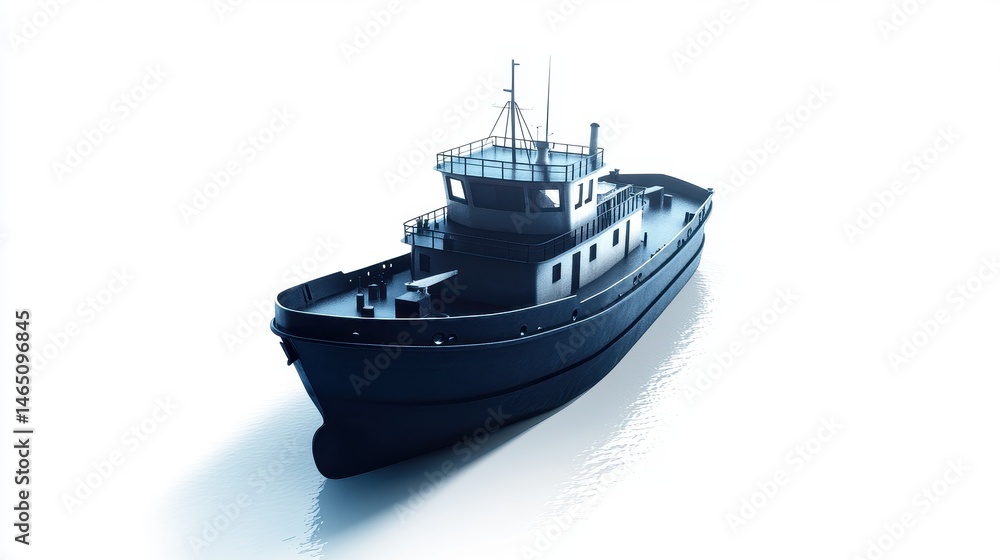 Naklejka premium A cargo ship clipart, maritime transport element, 3D illustration, deep blue tones, isolated on white background. 