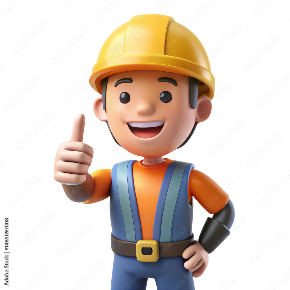 Confident 3D Cartoon Builder – Smiling Construction Worker Giving Thumbs Up Confident 3D Cartoon Builder – Smiling Construction Worker Giving Thumbs Up