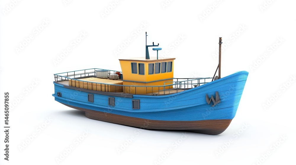Naklejka premium A cargo ship clipart, maritime transport element, 3D illustration, deep blue tones, isolated on white background. 