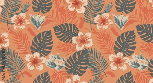 Wallpaper Mural Tropical Floral Seamless Pattern Orange and Teal Hibiscus, Monstera Leaves, and Palm Fronds Design for Fabric, Wallpaper, and More Torontodigital.ca