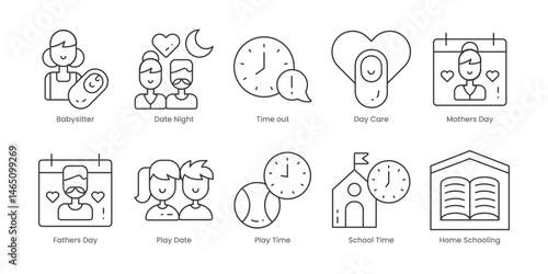 Parenthood  Outline Icons Set – Babysitting, Date Night, Day Care, Time Out, Fathers Day, Mothers Day, Play Date, Home Schooling, Play Time, School Time, Editable Stroke.