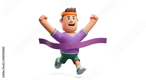 Cartoon runner winning race crossing finish line vector illustration for sports and competition concept on transparent background