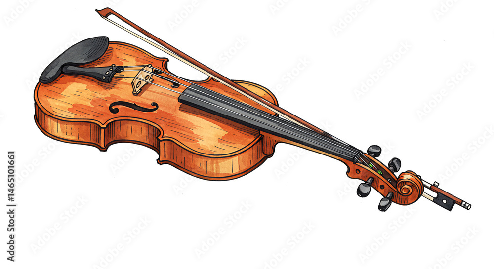 Fototapeta premium Illustration of a violin with bow for music education and classical instrument learning resources online on transparent background