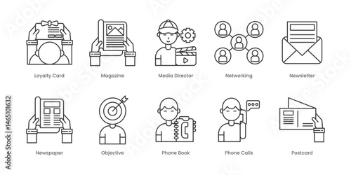 Traditional Marketing  Outline Icons Set – Loyalty Card, Magazine, Media Director, Networking, Newsletter, Newspaper, Objective, Phone Book, Phone Calls, Postcard, Editable Stroke.