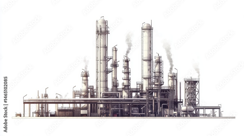 A refinery clipart, energy infrastructure element, flat design illustration, neutral tones, isolated on white background A refinery clipart, energy infrastructure element, flat design illustration, neutral tones, isolated on white background