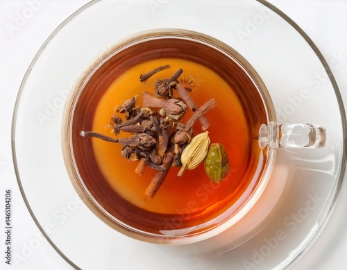 Glass cup of herbal tea. glass sbiten honey, molasses, herbs spices. Traditional Zbiten an old Slavic drink hot decoction of herbs and spices with honey. birch leaves, calamus, labial flowers, sage
