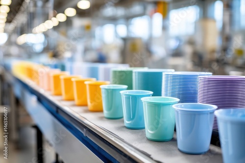 Bright and colorful interior view of disposable dinnerware production facility showcasing vibrant manufacturing process