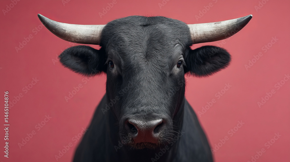 Naklejka premium Majestic black bull against vivid red, symbolizing strength and tradition, perfect for San Fermin or Lunar New Year imagery