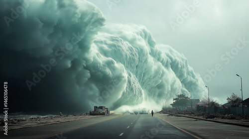 Massive tidal wave crashing toward deserted coastal road as lone figure walks into approaching storm