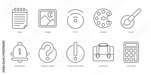Web Outline Icons Set – Calculator, Exclamation Mark, Heart, Image, Note, Notification, Palette, Question Mark, Star, Wi-Fi, Editable Stroke.