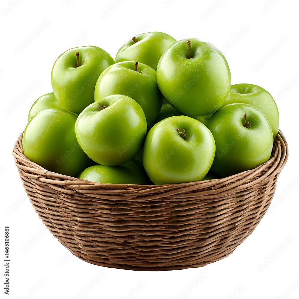 A basket filled with shiny green apples. The apples are piled high, creating a mound of fresh fruit A basket filled with shiny green apples. The apples are piled high, creating a mound of fresh fruit