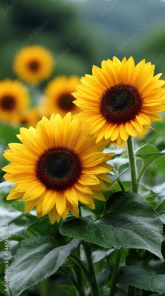 Obraz premium Vibrant sunflowers blooming in summer field with bright yellow petals and dark centers for floral beauty and natural elegance