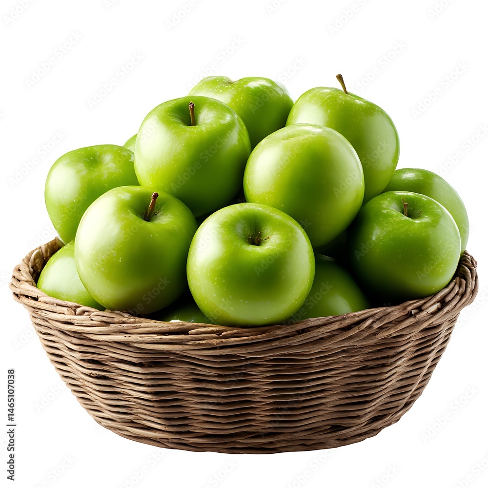 A basket filled with shiny green apples. The apples are piled high, creating a mound of fresh fruit A basket filled with shiny green apples. The apples are piled high, creating a mound of fresh fruit