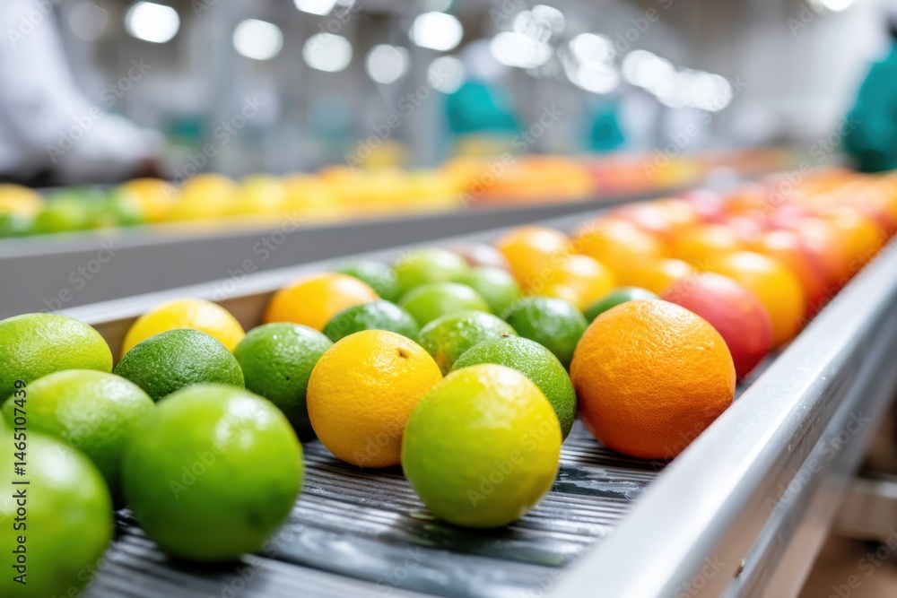 Close-up view of vibrant citrus products on a production line in a colorful facility