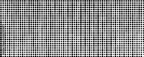 Black circular dots on white background. Mosaic holey print. Perforated metal texture. Peg board, radiator or speaker grill surface with repeated round holes. Vector graphic illustration.