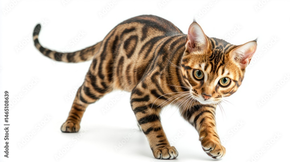 Obraz premium Three-quarter view of a curious Bengal cat exploring, white background
