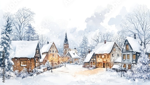 Winter village scene, snow-covered houses