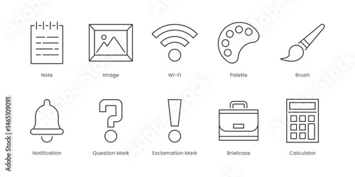 Web Outline Icons Set – Exclamation Mark, Heart, Image, Note, Notification, Palette, Question Mark, Wi-Fi, Briefcase, Calculator, Editable Stroke.