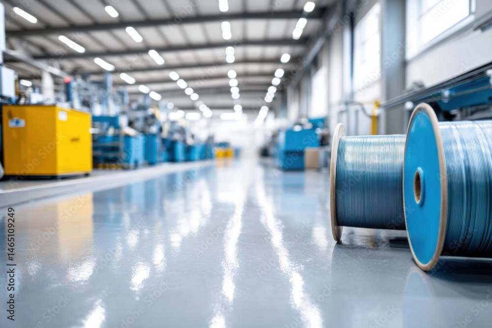 Bright and colorful view of a cable manufacturing facility with advanced machinery and ample workspace