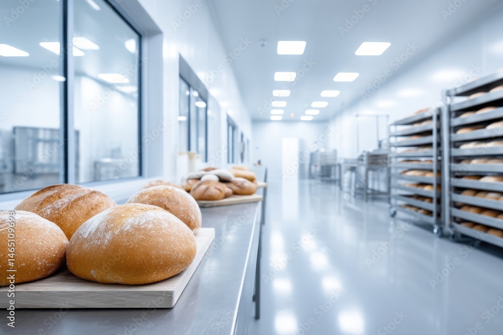 Bright and colorful interior view of a bread production facility with freshly baked loaves ready for packaging