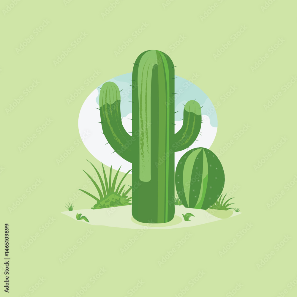 Cactus illustration in a vibrant green desert landscape